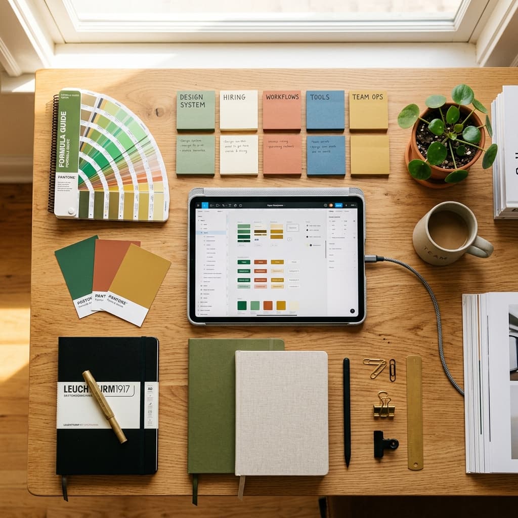 Organized design workspace with tools and materials